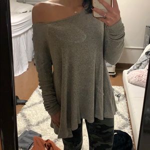 Long gray off the shoulder sweater